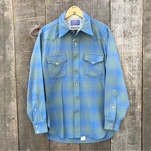 VTG 60s-70s Pendleton Western Wear Ombre Shadow Plaid Pearl Snap Shirt Medium